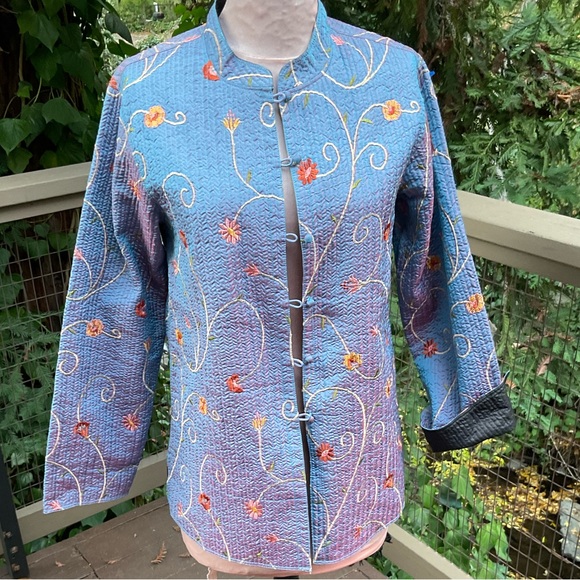 Sam Hilu quilted iridescent periwinkle embroidered floral lightweight jacket S/M - Picture 1 of 11